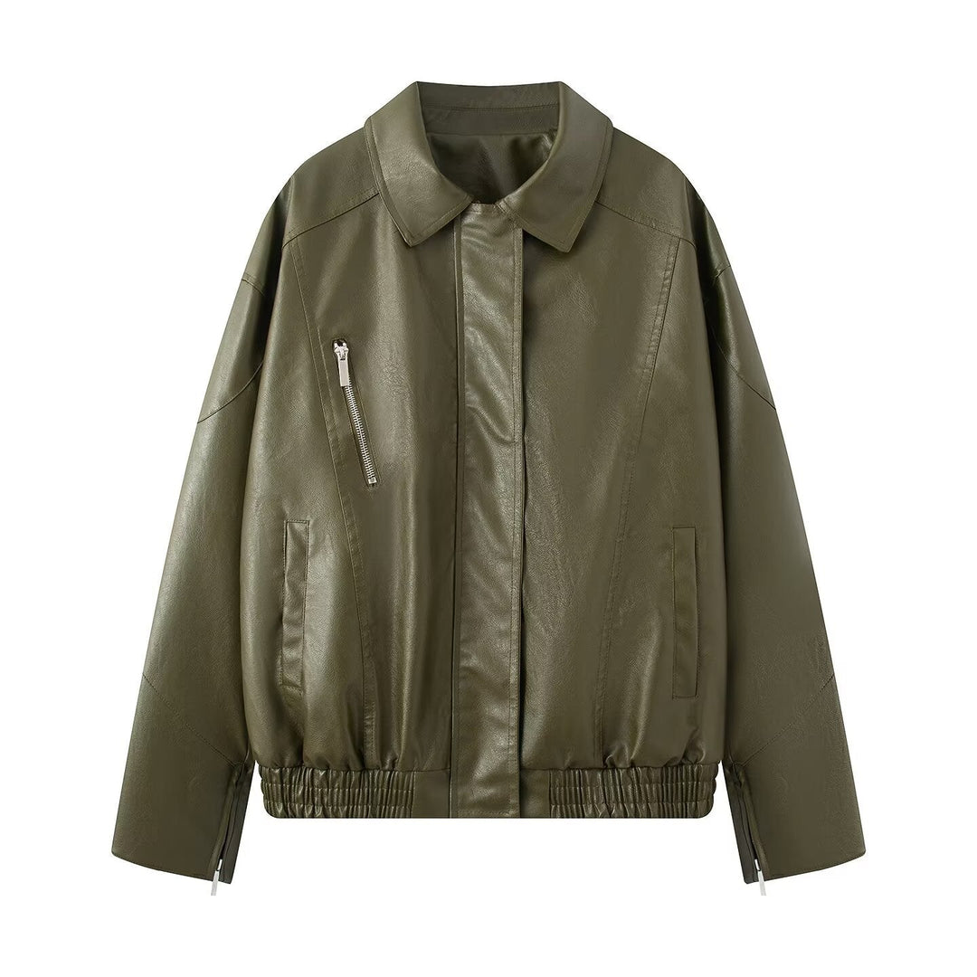 Dam Oversized Konstläder Blouson med Elastic Fåll, Slanted Dragkedja Bröstficka och Dragkedja Ärmar