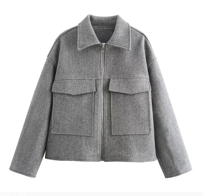 Dam 60+ Boxig Kort Jacka Tillverkad av Ull Blend med Dragkedja och Patch Fickor