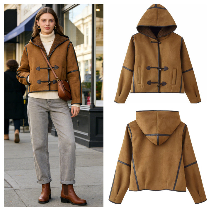 Dam Kort med Huva Sheepskin Imitation Duffle Jacka med Toggle Fastenings
