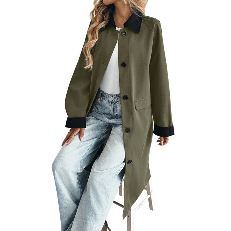 Dam Lång Trenchcoat med Contrast Krage och Cuffed Ärmar