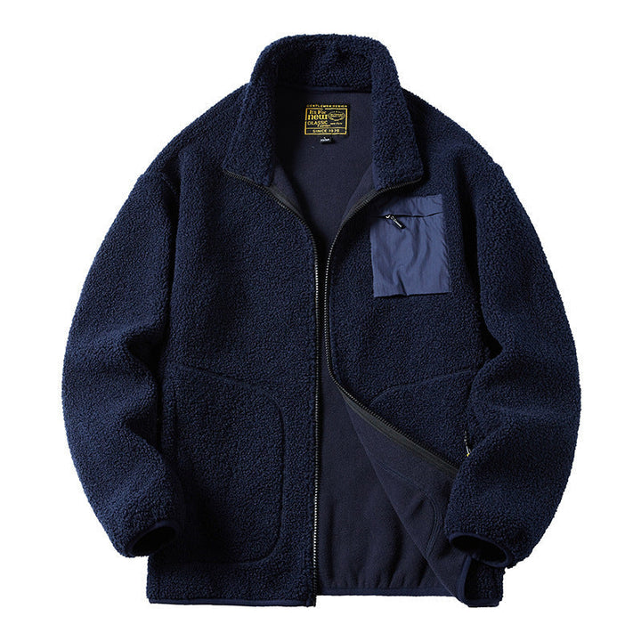 Herr Sherpa Fleece Jacka i Utility Stil med Dragkedja Bröstficka och Stående Krage