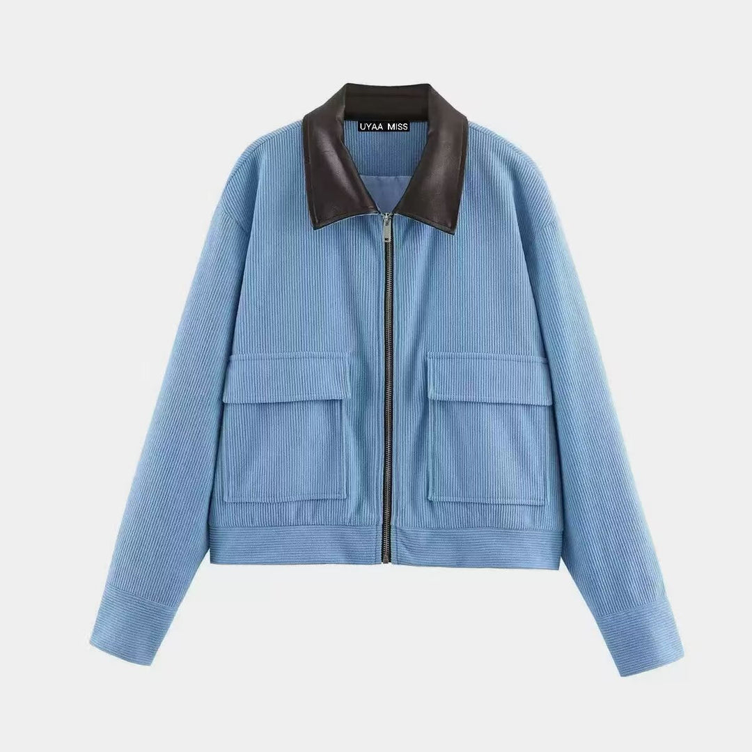 Dam kort Cord jacka in Blouson stil med läder krage och Flap fickor