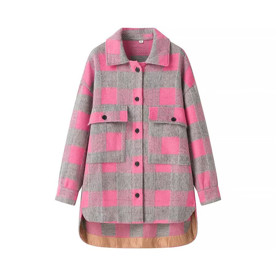 Dam Oversized Rutig Skjorta Jacka med Applied Lockfickor och Extended Fåll