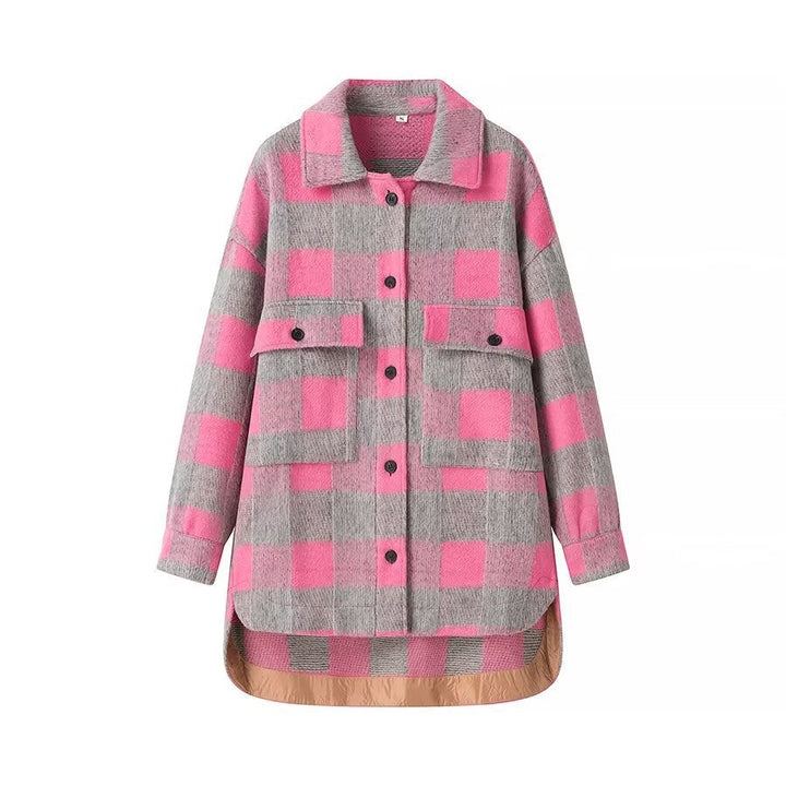 Dam Oversized Rutig Skjorta Jacka med Applied Lockfickor och Extended Fåll