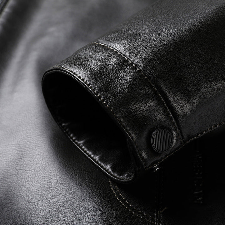 Herr Minimalistic Läder Look Övergångs Jacka med Ståkrage och Tvåvägsdragkedja