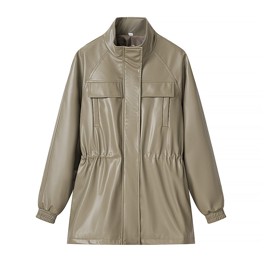 Dam konstläder parka med dragsko midja, ståkrage, och flap fickor