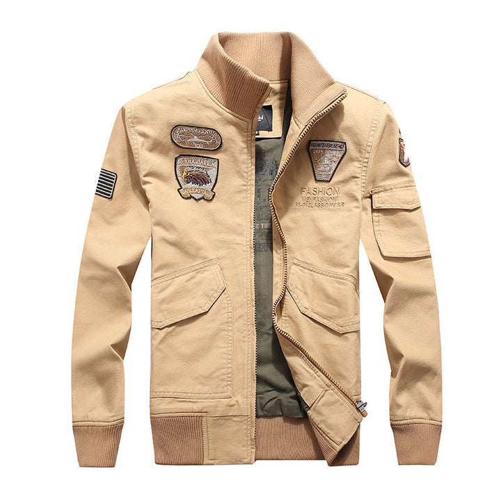 Herr Canvas Pilot Jacka med Embroidered Patches, Flera Fickor, och Ribbad Muddar