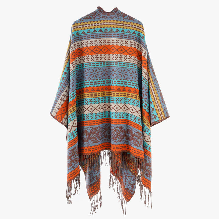 Dam Cape-poncho med multicolored Jacquard, öppen front och fransfåll