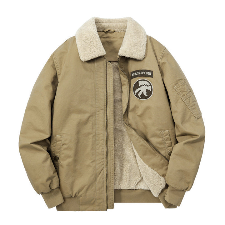 Herr Fleecefodrad Flight Jacka Blouson med Sherpa Krage och Patch Detaljer