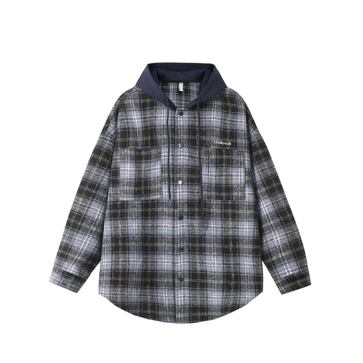 Unisex Oversized Check Skjorta Jacka med Huva, Tryckknapp Knappar och Bröstficka