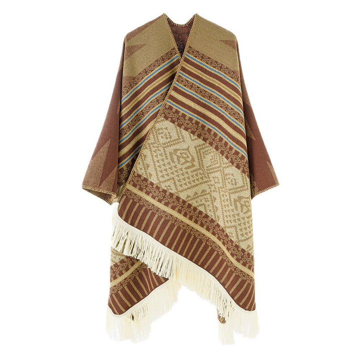 Dam Woven Jacquard poncho med V-Neck, Ethno tryck och Fringes