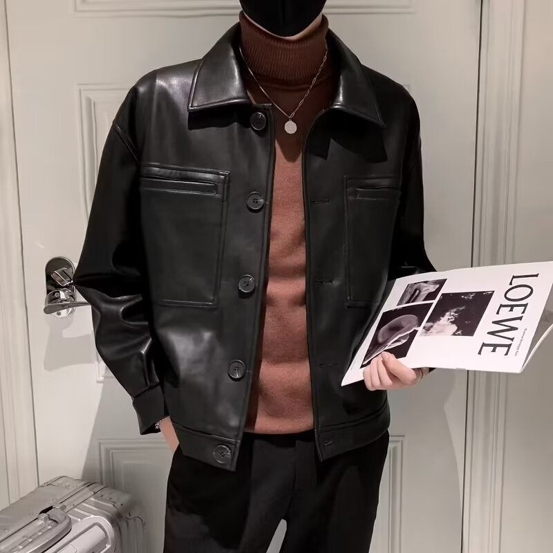 Herr Boxy Överskjorta i Läder Look med Skjorta Krage och Patch Breast Fickor