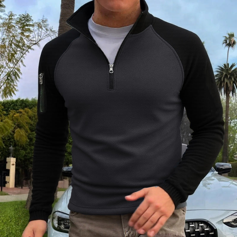 Herr Smal Passform Halv Dragkedja Pullover med Raglanärmar, Waffle Texture, och Ärm Ficka