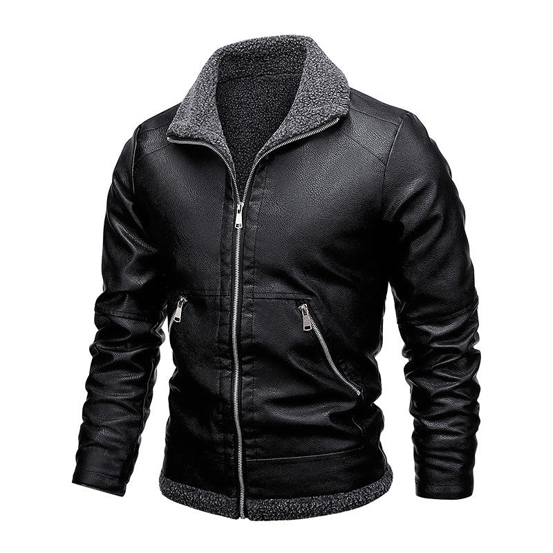 Herr Läder Look Pilot Jacka med Sherpa Interior Foder och Dold Zip Knapplist