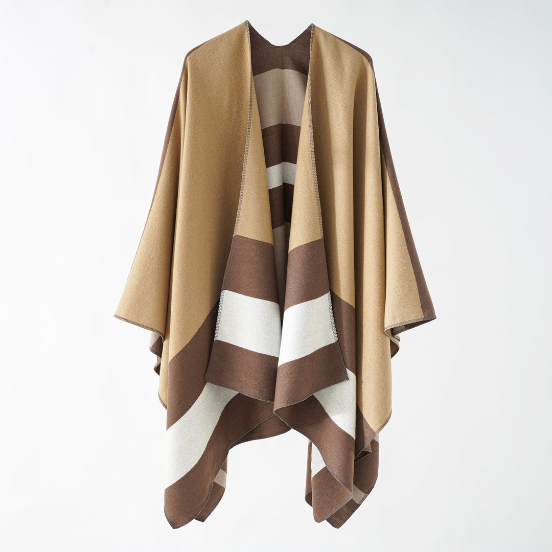 Dam Oversize Ruana i Cape stil tillverkad av ull look med Geometric Block Stripes