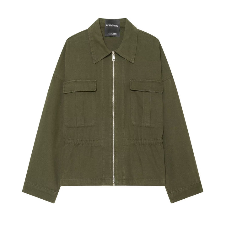 Dam Kort Utility Blouson med Front Dragkedja, Lock Fickor och Waist Gathered