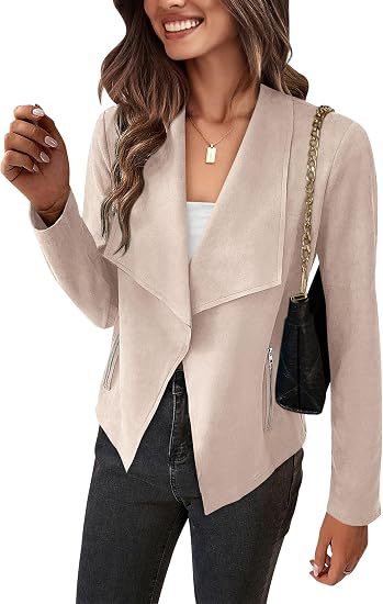 Dam Faux Mocka Waterfall Blazer med Asymmetrical Fåll och Fickor med Dragkedja