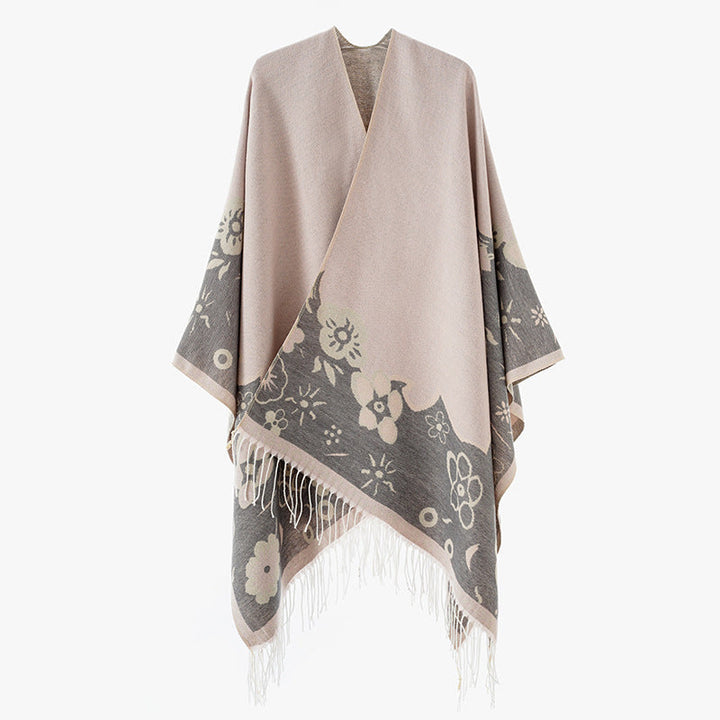 Dam kimono-stil oversized poncho tillverkad av Jacquard stickad med Floral Border design och fransfåll