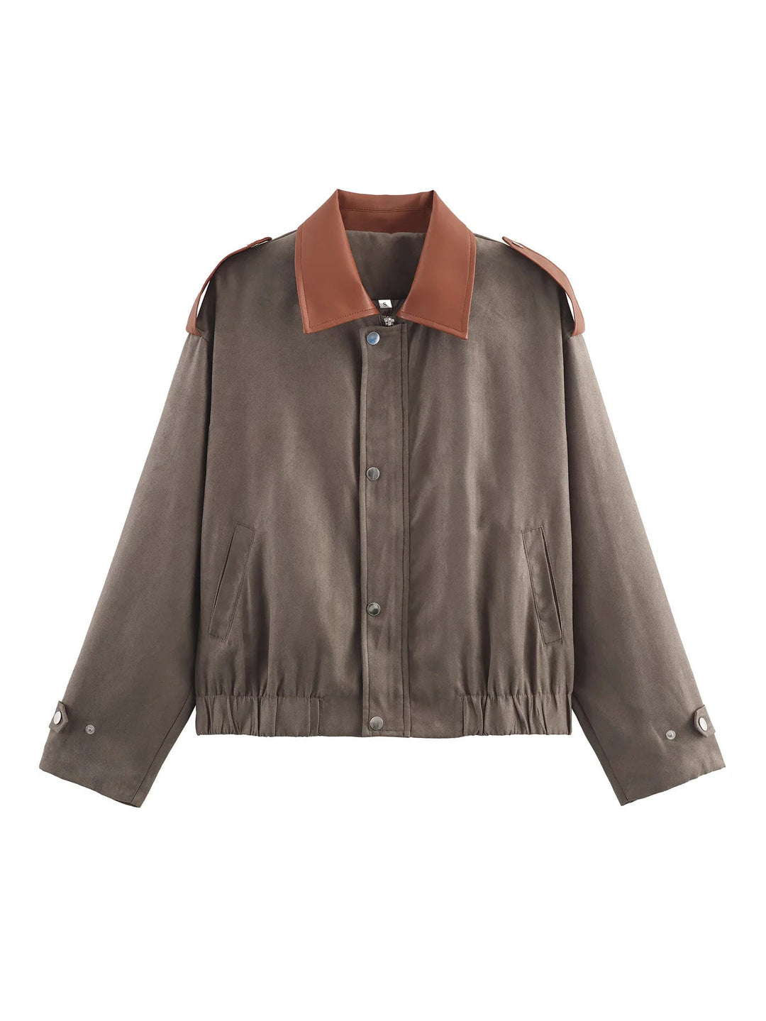 Dam oversized kort jacka med kontrast krage, axel patches och elastic waist drawstring
