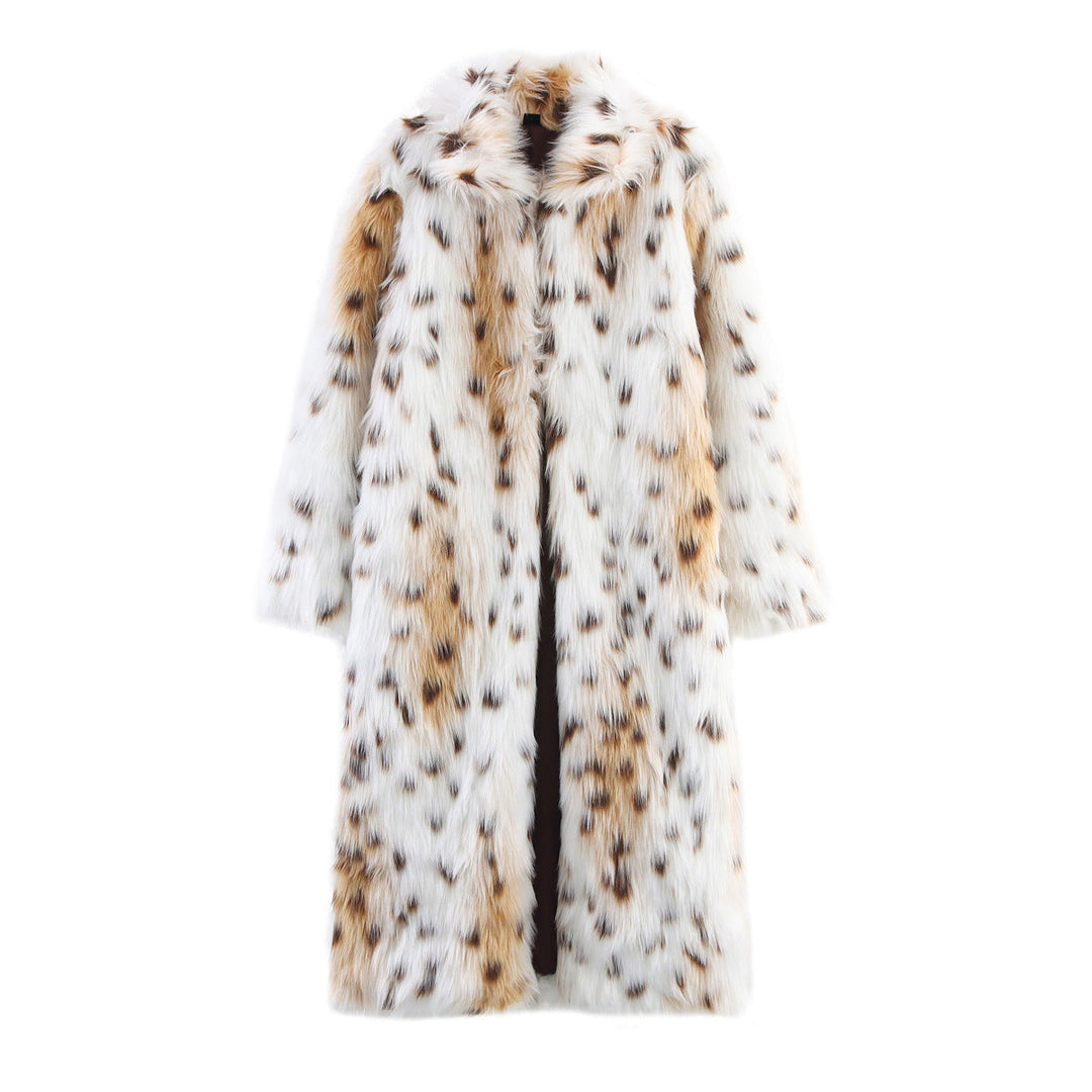 Dam Lång Oversized Konstpäls Kappa med Spotted Wildcat Tryck och Ståkrage