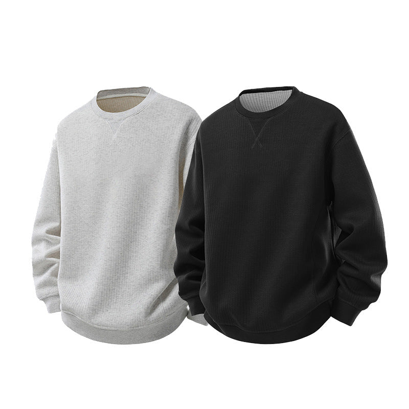 Herr Oversized Waffle Stickad College-Tröja med Round Neck, Extended Back Fåll och Ribbstickade Muddar