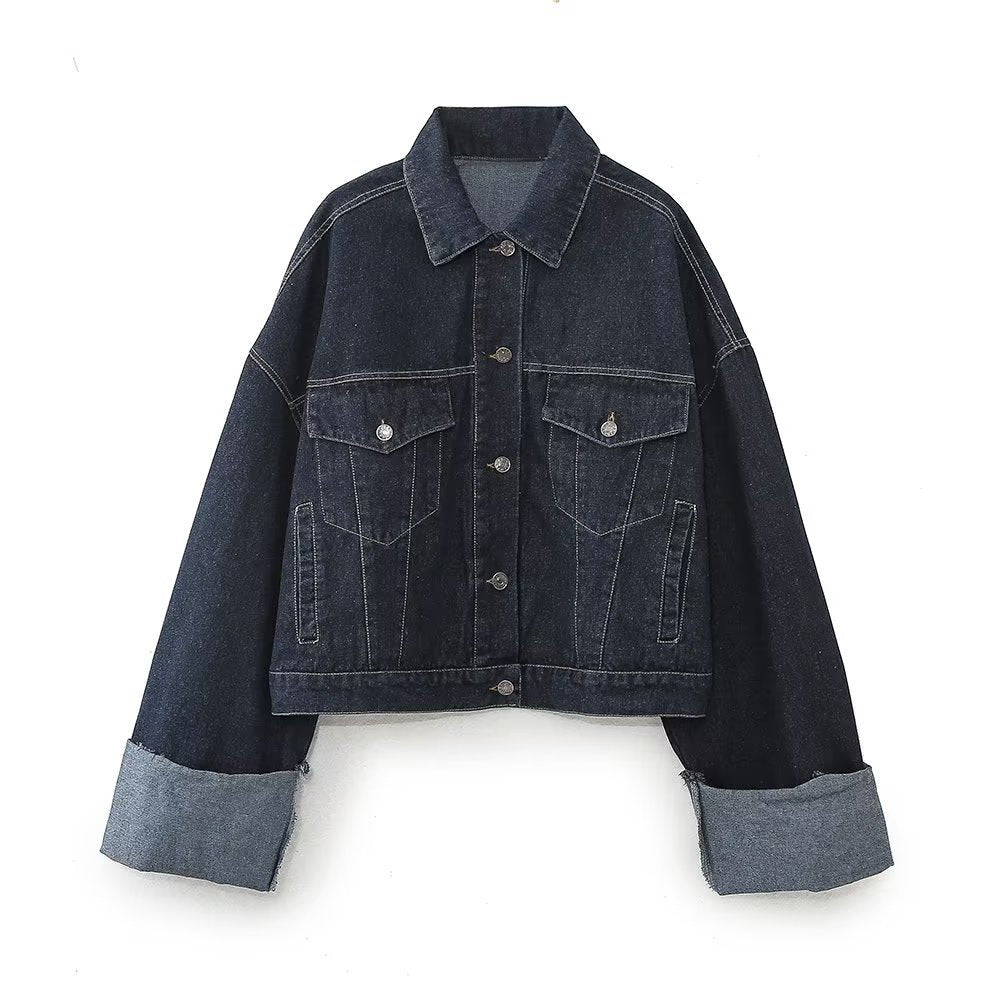 Dam 1700+ Kort Denimjacka med Extra Lång Turned-Up Muddar och Boxig Silhuett