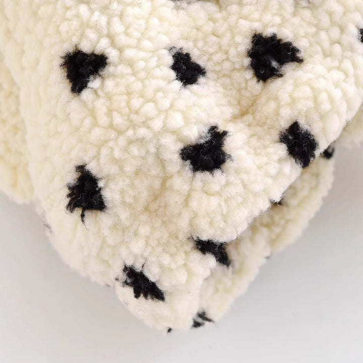 Dam Kort Teddy Jacka Tillverkad av Sherpa Fleece med Heart Tryck och Drawstring