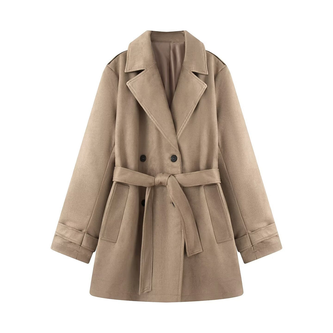 Dam Kort Trenchcoat i Mocka-Look Sammet med Knytbälte