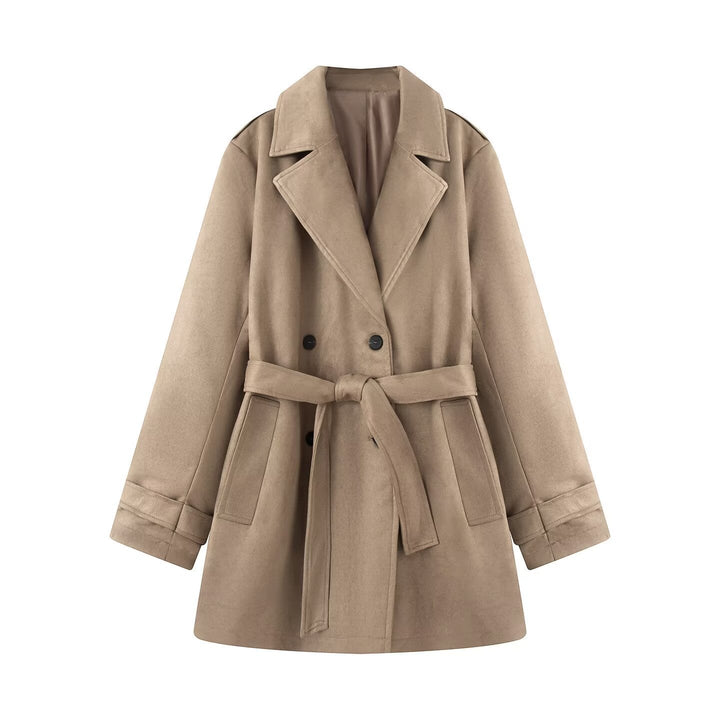 Dam Kort Trenchcoat i Mocka-Look Sammet med Knytbälte