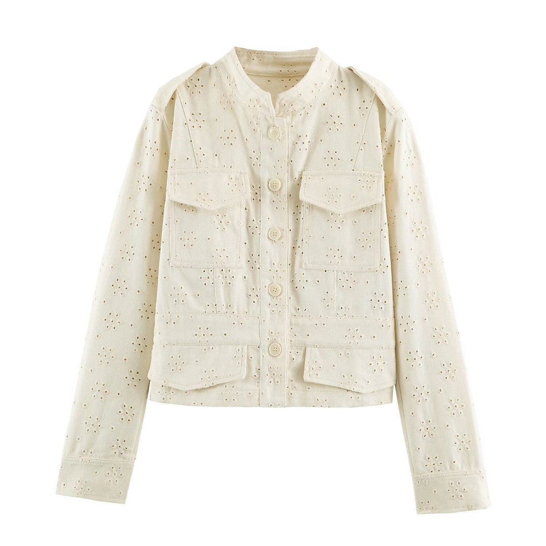 Dam Kort Jacka Gjord av Lace Embroidery med Ståkrage, Utility Fickor, och Boxig Kort Silhuett