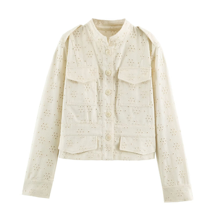 Dam Kort Jacka Gjord av Lace Embroidery med Ståkrage, Utility Fickor, och Boxig Kort Silhuett