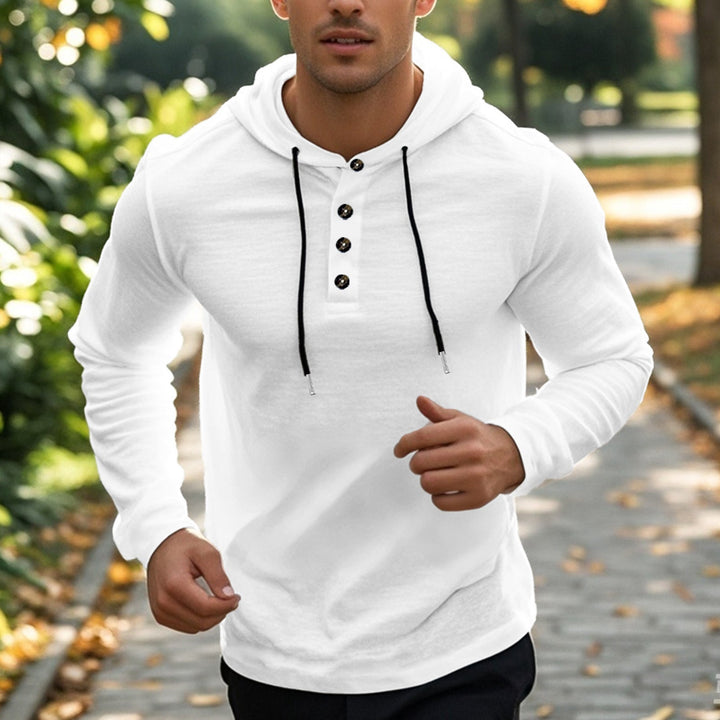 Herr Ledig Luvtröja i Henley Stil med Knapplist och Adjustable Dragsko