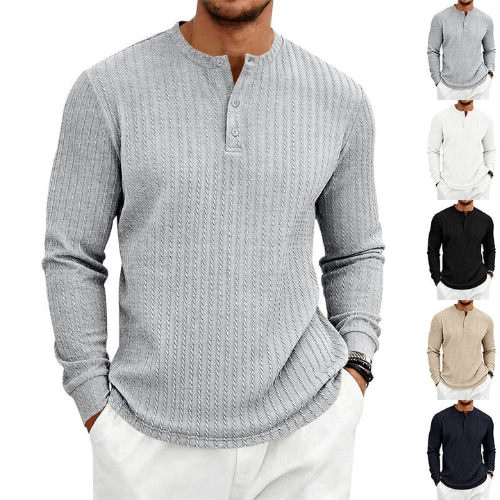 Herr Fin Stickad Henley med Ståkrage och Cable Mönster