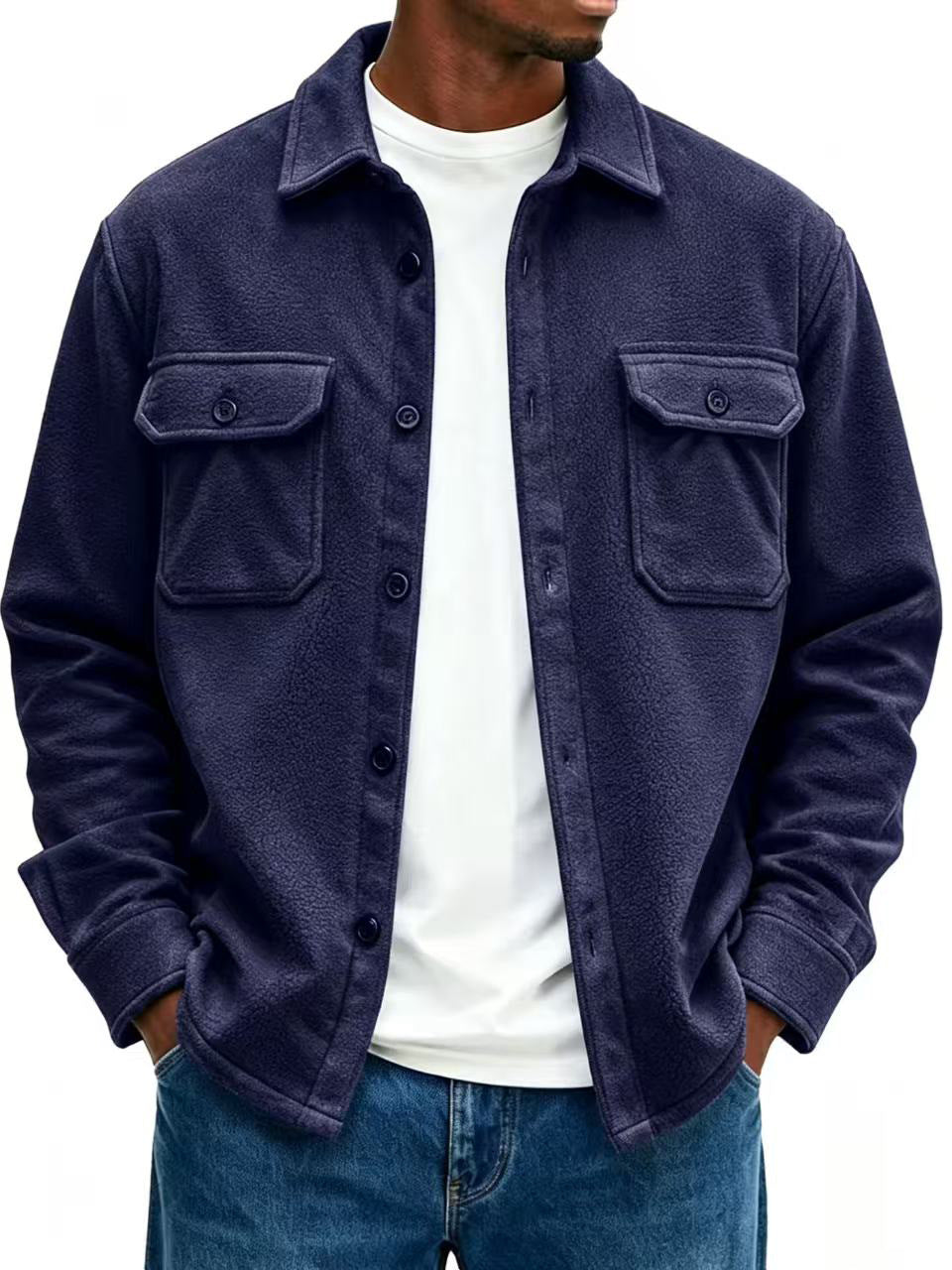 Herr fleece overshirt med bröstfickor och skjortkrage