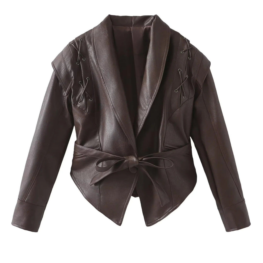 Dam kort jacka gjord mocka look med wrap bälte, shawl krage och lacing detail