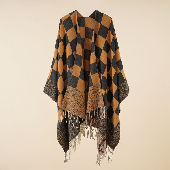 Dam oversized woven poncho med diamond mönster och fringes