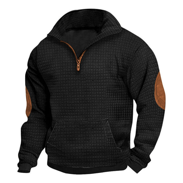 Herr Thermo-Regulating Waffle Stickad Halv Dragkedja Pullover med Känguruficka och Konstläder Elbow Lappar