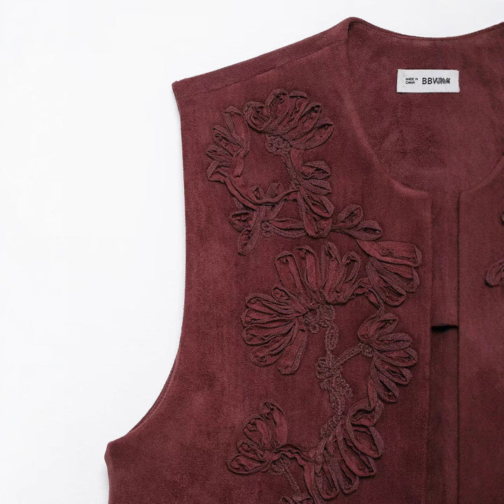 Dam Sleeveless Suede-Look Väst med Blommig Appliqué