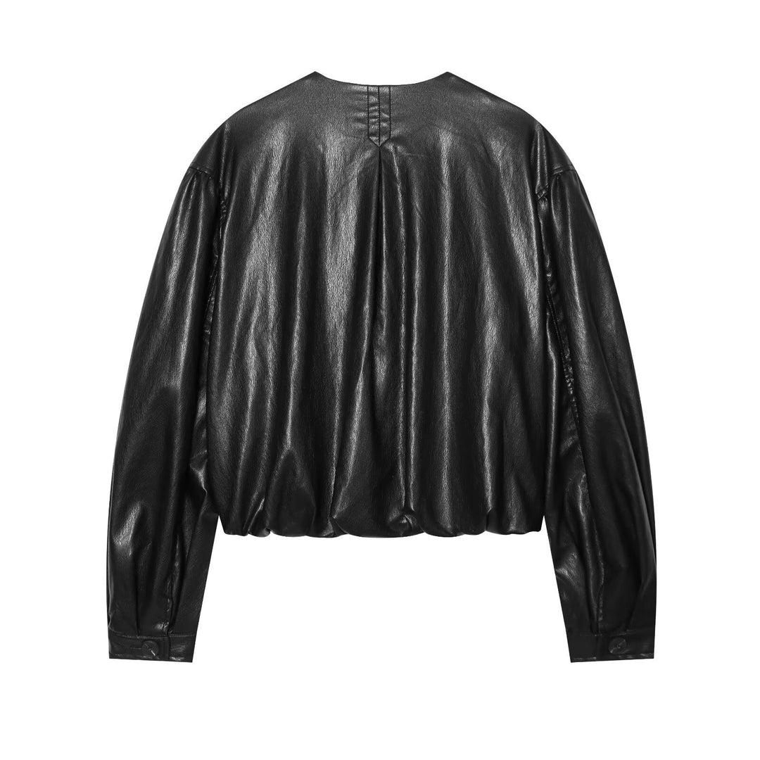 Dam Kort Blouson i Läderlook med Round Neck, Dold Tryckknapp Knapp Knäppning och Balloon Ärmar