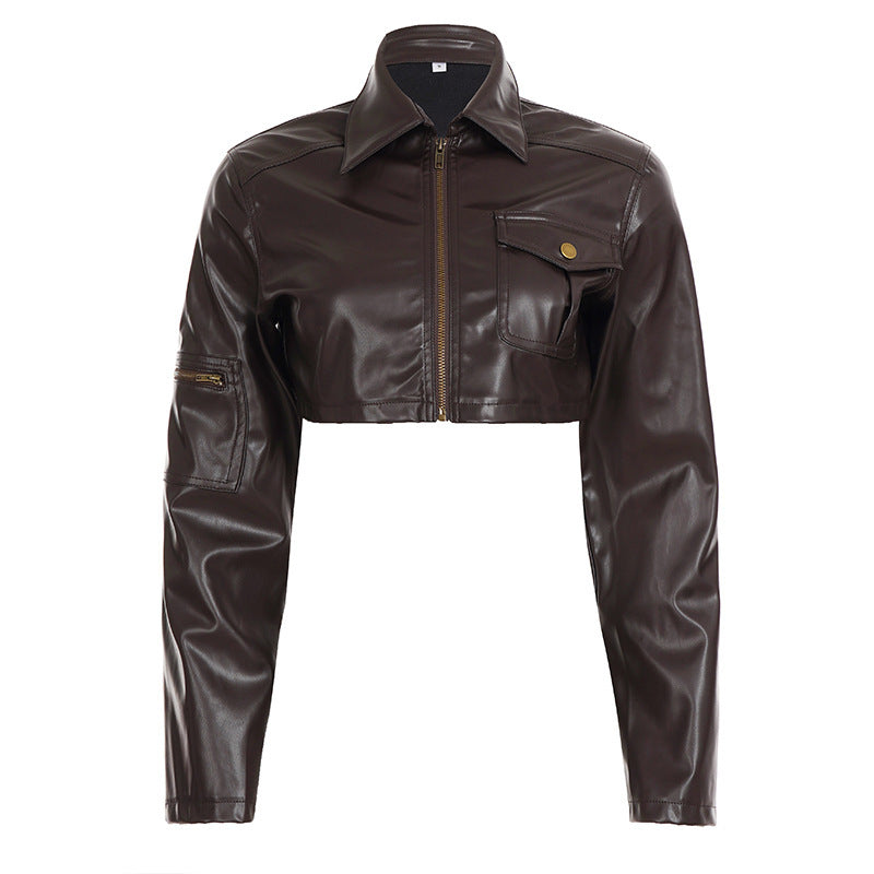 Dam cropped läderjacka i biker stil med skjortkrage och patch chest pocket
