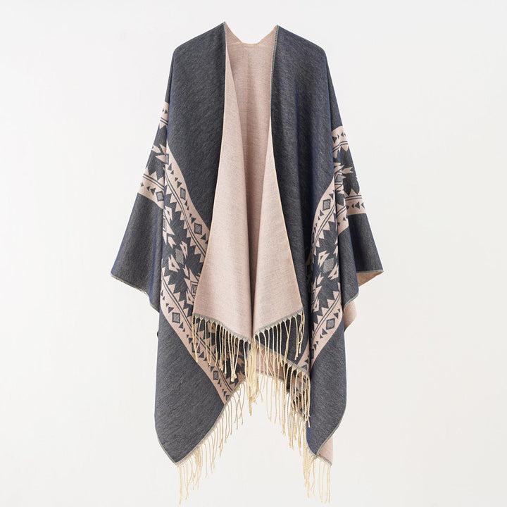Dam Oversize poncho med Fringes och Jacquard mönster