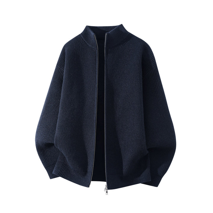 Herr Oversized Chunky Stickad Dragkedja Cardigan med Ståkrage och Tvåvägsdragkedja