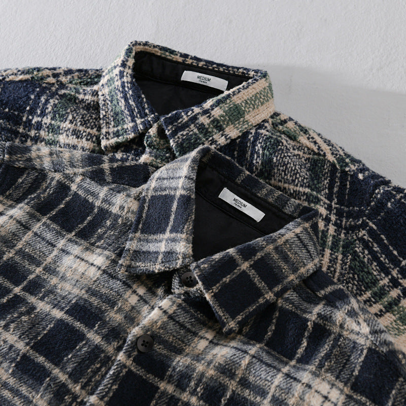 Herr Rutig Overshirt Tillverkad av Teddy Fleece med A Stitched Bröstficka och Dold Knappslå