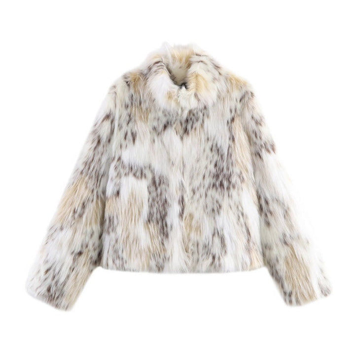 Dam kort skärning Faux Fur jacka med Stand krage och Voluminous Faux Fur