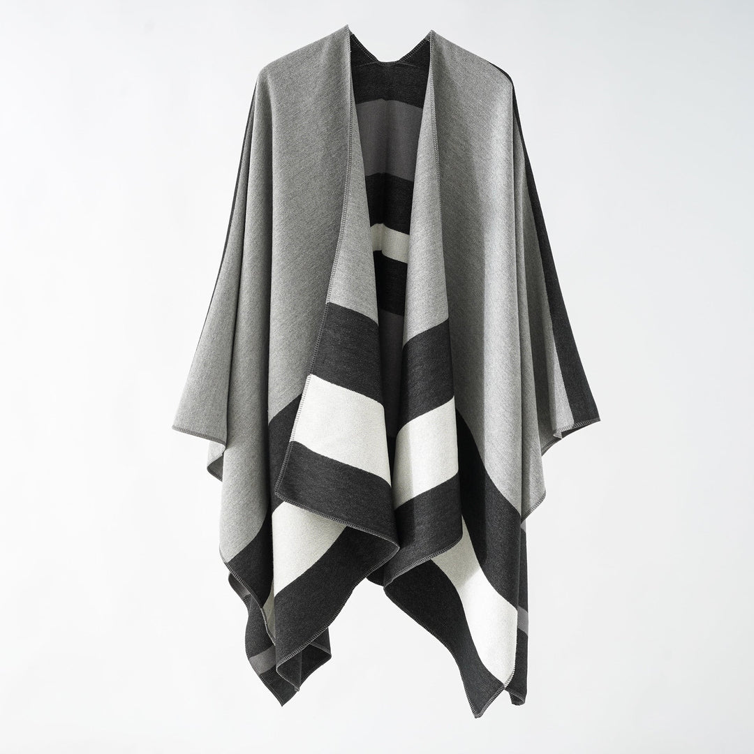 Dam Oversize Ruana i Cape stil tillverkad av ull look med Geometric Block Stripes