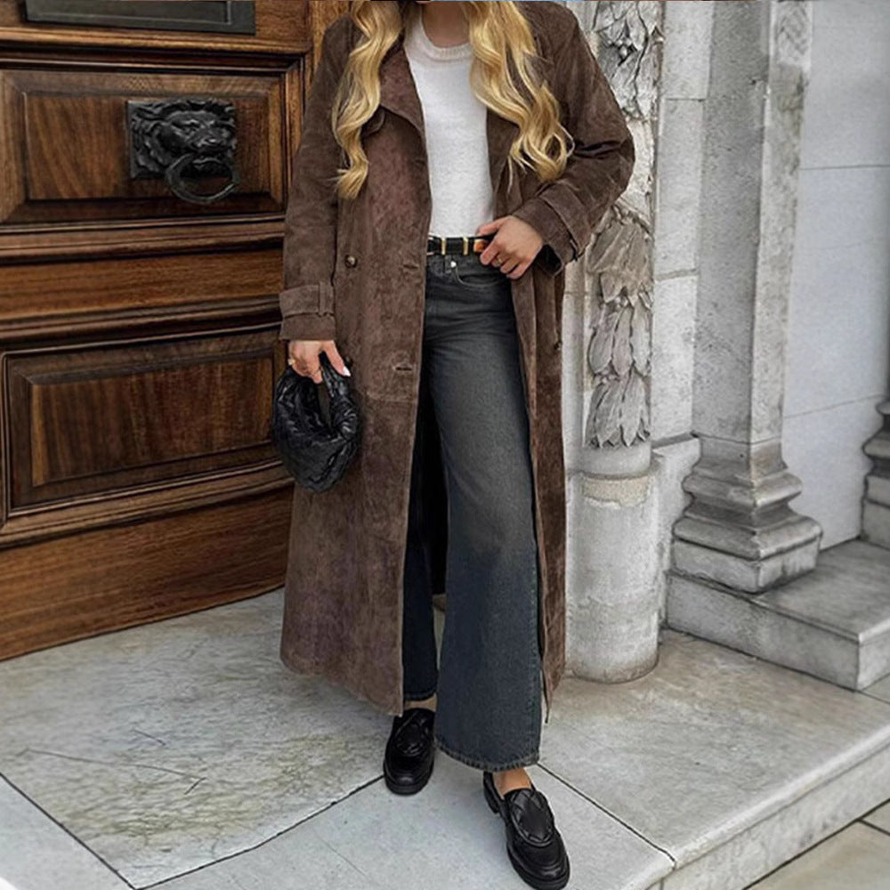 Dam lång Double-Breasted trenchcoat in mocka-Like med midjebälte