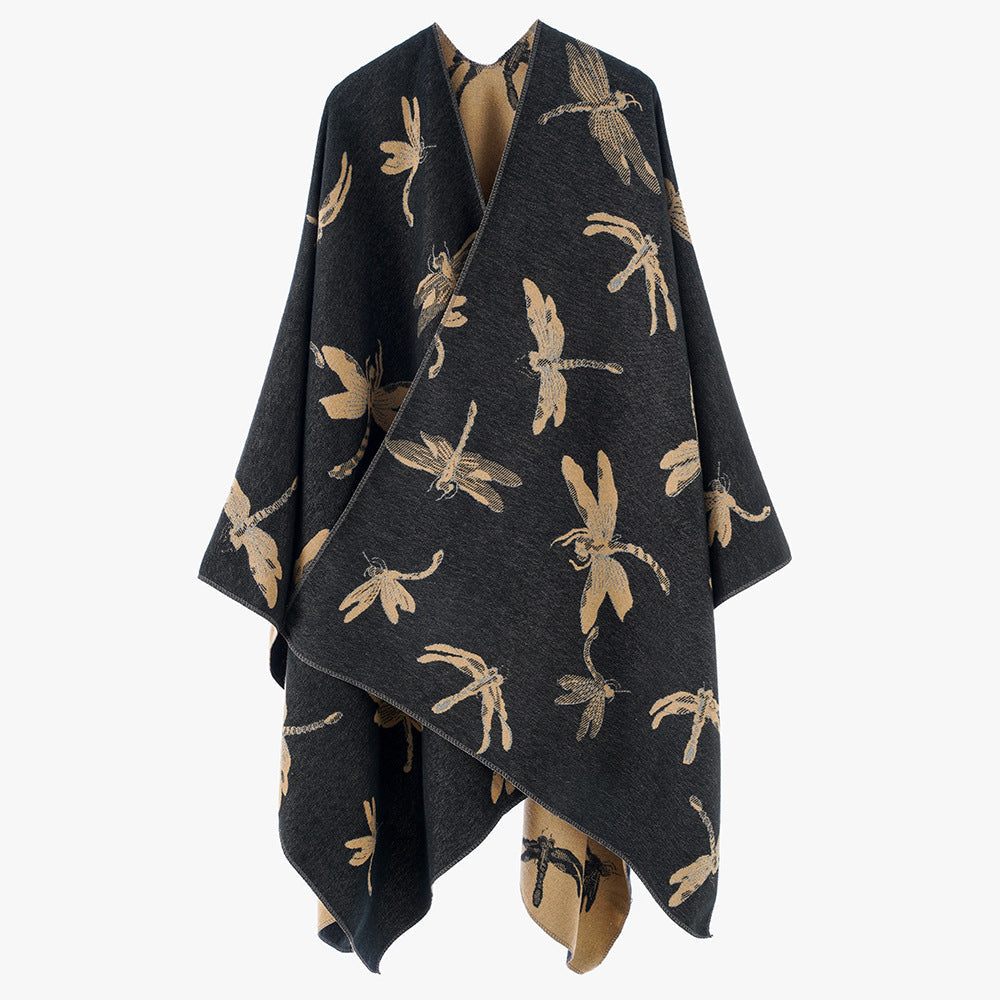 Dam Reversible Jacquard poncho med Dragonfly mönster