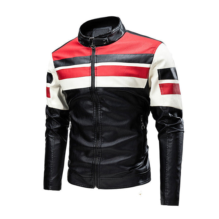 Herr retro-inspired motorcycle läder jacka med racing ränder och ståkrage