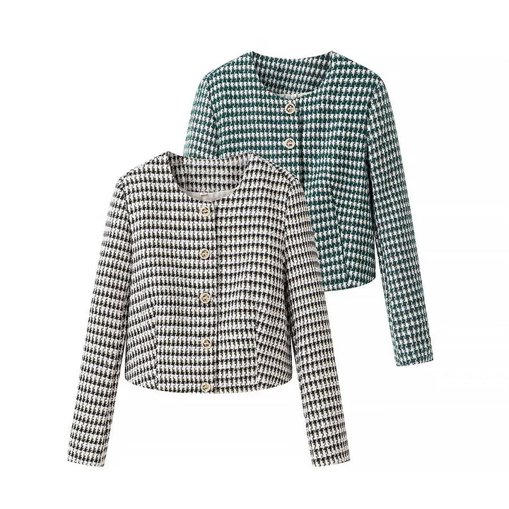 Dam kort bouclé blazer i cropped stil med houndstooth mönster, round neckline och decorative knappar