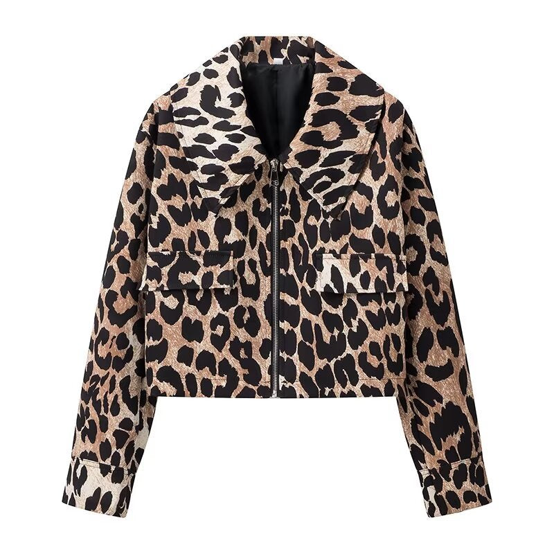 Dam cropped övergångsjacka med leopard mönster, hel dragkedja och flap fickor
